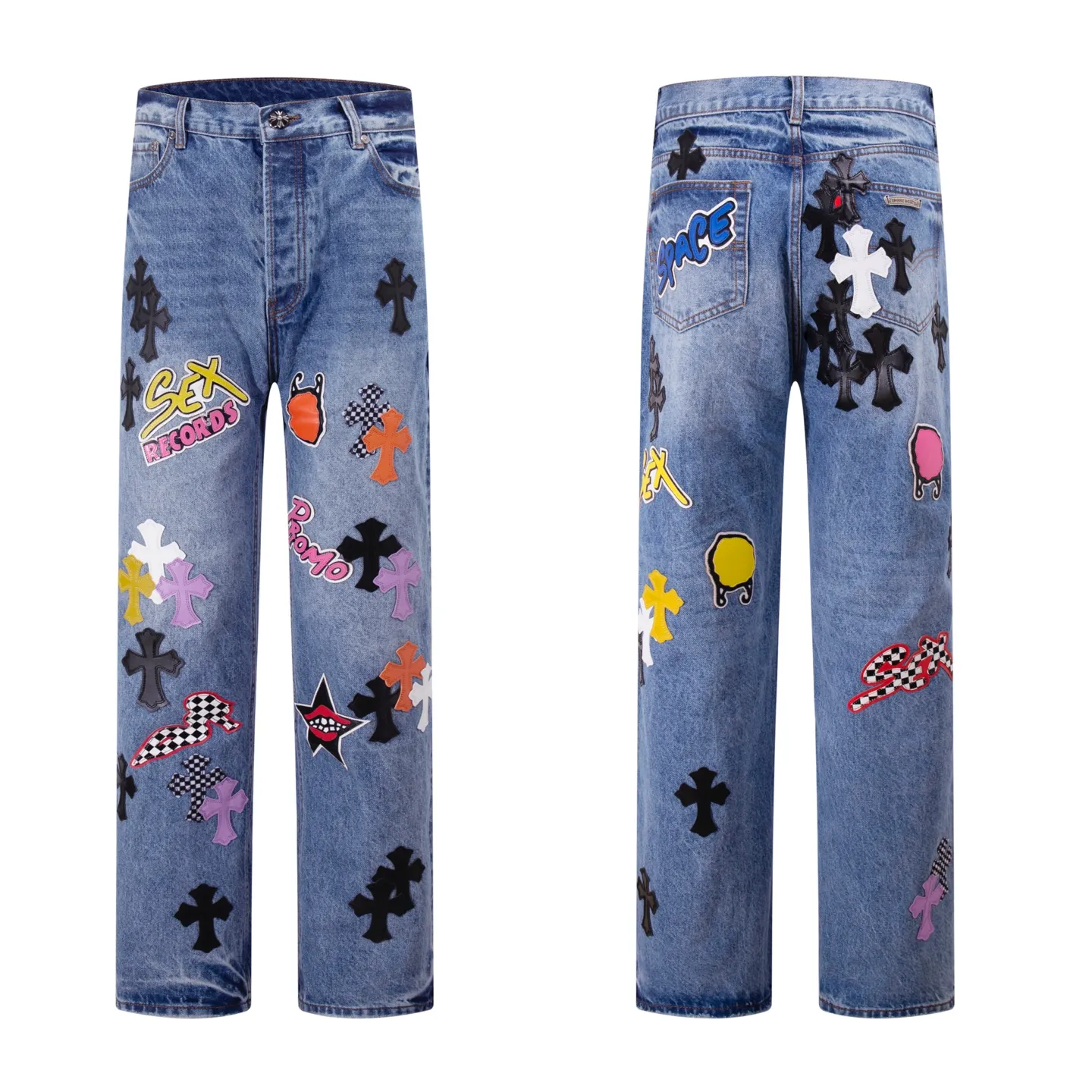 P300 Style number: H67 Croxin & 𝐂𝐡𝐫𝐨𝐦𝐞 𝐇𝐞𝐚𝐫𝐭 ss25 blue SEX mosaic leather jeans. Styles with different washed textures are very friendly to people with thin legs and thick legs. The slightly flared version perfectly modifies the leg shape. The timeless and moderate length makes it easy to match and match. It is the basis for various styles and is a must-have in your wardrobe! The fabric is stiff but also makes the upper body soft without losing texture. The washing process is even more perfect. It is a must-have item for everyone! ! ! Washed wheat, hang tag, pants label, three labels complete Color: blue Size: 28-30-32-34-36